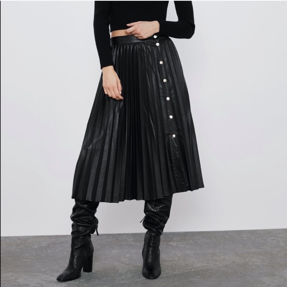ZARA Faux Leather Pleated Mid Skirt